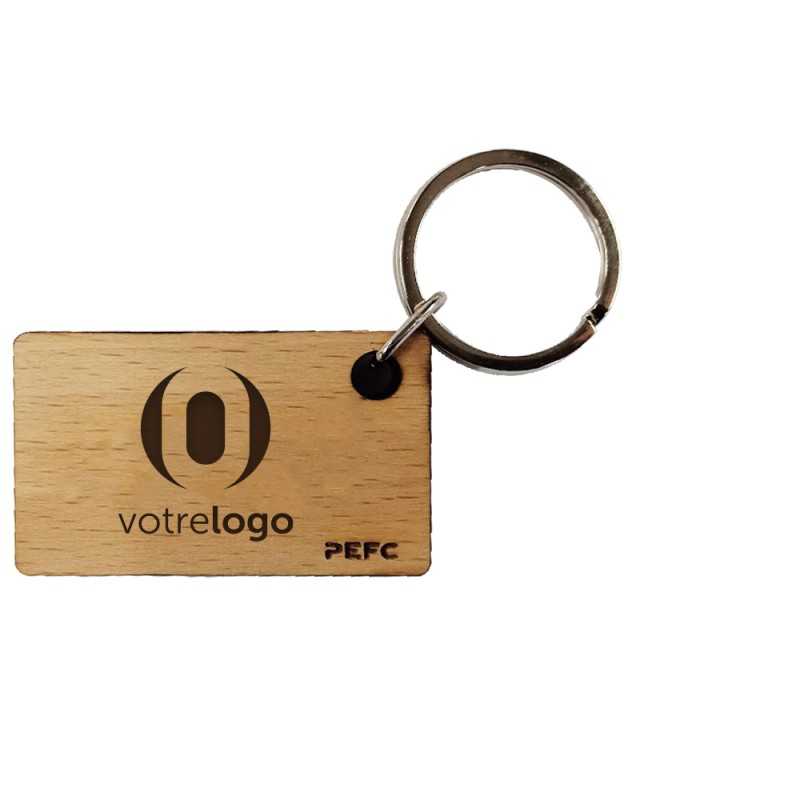 Porte-clés publicitaire en bois fabriqué en France. Marquage
