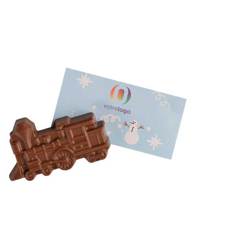 Carte publicitaire avec chocolat en forme de train "Chocotrin"